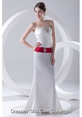 Column Ruchings Belt Beading White Brush Train Dress for Prom