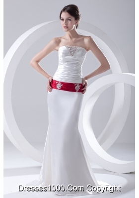 Column Ruchings Belt Beading White Brush Train Dress for Prom