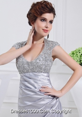 Column Square Court Train Appliques Beading Taffeta White Prom Dress