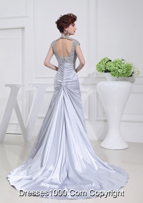 Column Square Court Train Appliques Beading Taffeta White Prom Dress