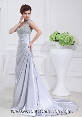 Column Square Court Train Appliques Beading Taffeta White Prom Dress