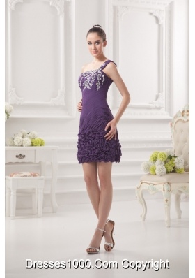 Dark Purple One Shoulder Prom Dress with Beading and Ruffles