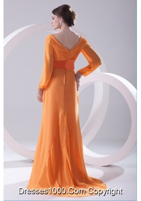 Empire Orange V-neck Long Sleeves Prom Dress with Beading Ruching