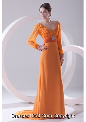 Empire Orange V-neck Long Sleeves Prom Dress with Beading Ruching