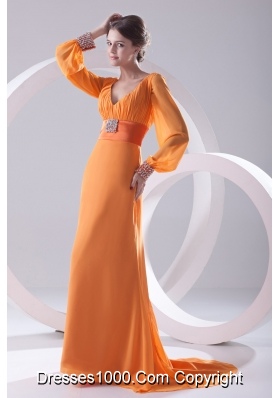 Empire Orange V-neck Long Sleeves Prom Dress with Beading Ruching