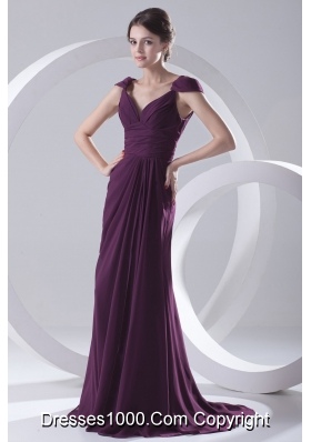 Empire Purple Ruching Straps Cap Sleeves Dresses for Prom