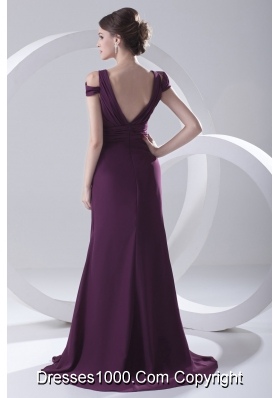 Empire Purple Ruching Straps Cap Sleeves Dresses for Prom