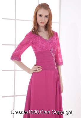 Empire V-neck Half sleevess Lace Pink Prom Dress