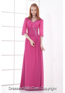 Empire V-neck Half sleevess Lace Pink Prom Dress