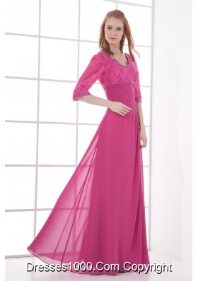 Empire V-neck Half sleevess Lace Pink Prom Dress