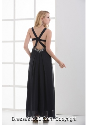 High Slit Straps Black Ankel-length Beading and Ruching Prom Dress