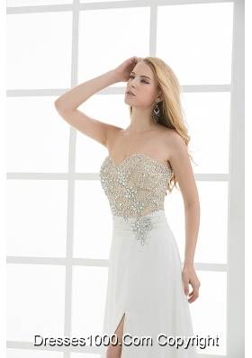 High Slit Sweetheart Beading and Ruching Floor-length Prom Dress