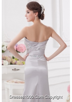 Light Grey Column Sweetheart Prom Dress with Ruching and Beading