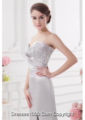 Light Grey Column Sweetheart Prom Dress with Ruching and Beading