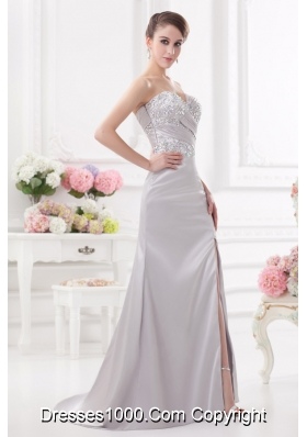 Light Grey Column Sweetheart Prom Dress with Ruching and Beading