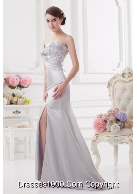 Light Grey Column Sweetheart Prom Dress with Ruching and Beading