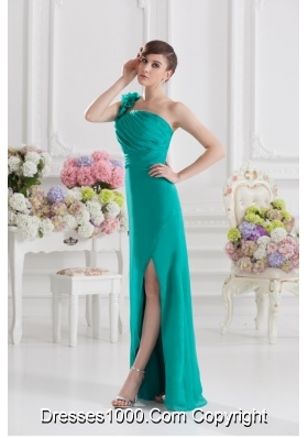 One Shoulder Turquoise Column Handle Made Flowers Prom Dress