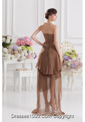 Saddle Brown A-line Strapless Chiffon High-low Prom Dress with Beading