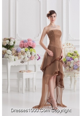 Saddle Brown A-line Strapless Chiffon High-low Prom Dress with Beading