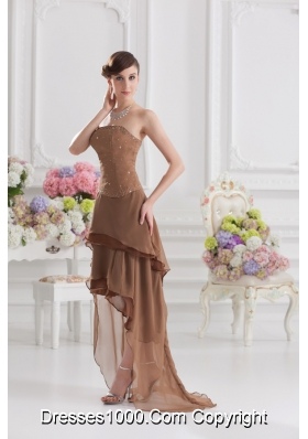 Saddle Brown A-line Strapless Chiffon High-low Prom Dress with Beading