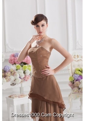 Saddle Brown A-line Strapless Chiffon High-low Prom Dress with Beading