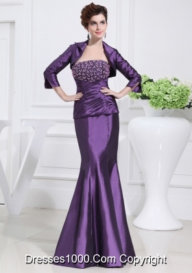 Strapless Floor-length Beading Taffeta Eggplant Purple Prom Dress