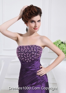 Strapless Floor-length Beading Taffeta Eggplant Purple Prom Dress