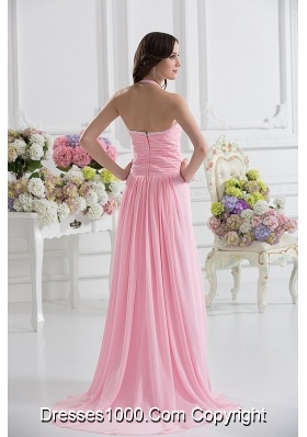 Straps Baby Pink High Slit and Ruching Empire Prom Dress with High Slit