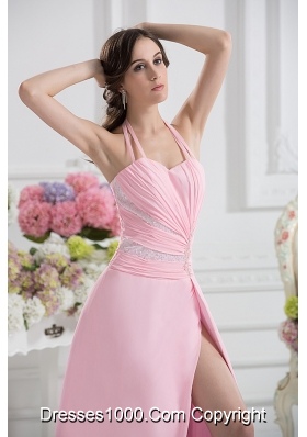 Straps Baby Pink High Slit and Ruching Empire Prom Dress with High Slit