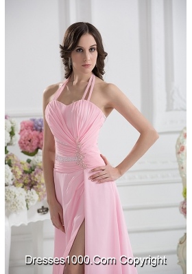 Straps Baby Pink High Slit and Ruching Empire Prom Dress with High Slit