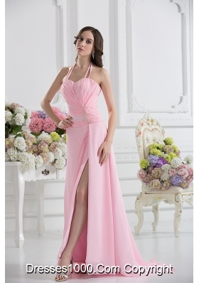 Straps Baby Pink High Slit and Ruching Empire Prom Dress with High Slit