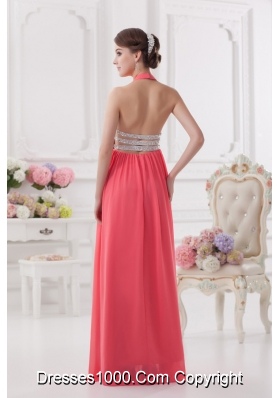 Watermelon Halter top High Slit Chiffon Prom Dress with Beading