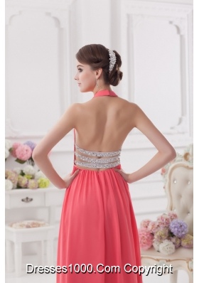 Watermelon Halter top High Slit Chiffon Prom Dress with Beading