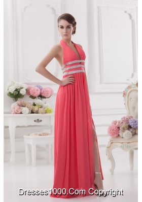 Watermelon Halter top High Slit Chiffon Prom Dress with Beading