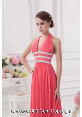 Watermelon Halter top High Slit Chiffon Prom Dress with Beading