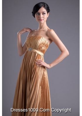 A-line Brown Floor-length Pleats Chiffon Prom Beading Dress