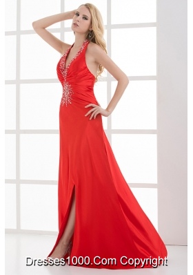 Column Halter Top Floor-length Beading Chiffon Red Prom Dress