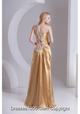 Column One Shoulder Taffeta Beading Ruching Gold Prom Dress