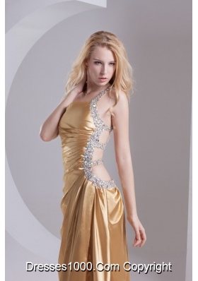 Column One Shoulder Taffeta Beading Ruching Gold Prom Dress