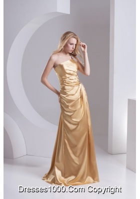 Column One Shoulder Taffeta Beading Ruching Gold Prom Dress