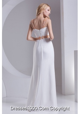 Column Straps Chiffon Appliques and Ruching White Prom Dress