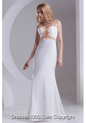 Column Straps Chiffon Appliques and Ruching White Prom Dress