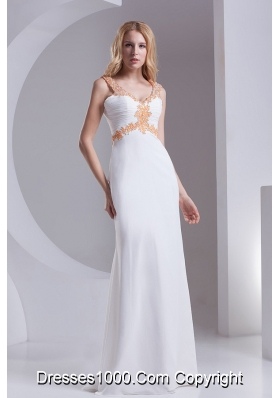 Column Straps Chiffon Appliques and Ruching White Prom Dress