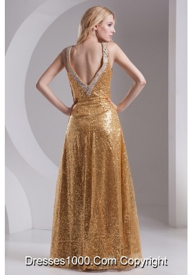 Column Straps Sequins Beading and Sequins Prom Dress in Gold