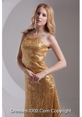 Column Straps Sequins Beading and Sequins Prom Dress in Gold