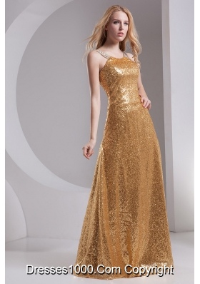 Column Straps Sequins Beading and Sequins Prom Dress in Gold