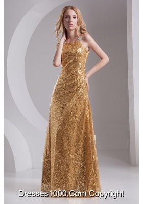 Column Straps Sequins Beading and Sequins Prom Dress in Gold