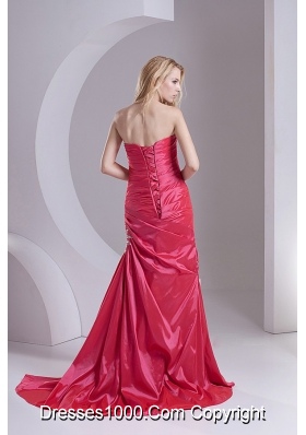 Column Sweetheart Taffeta Beading Ruching Coral Red Prom Dress