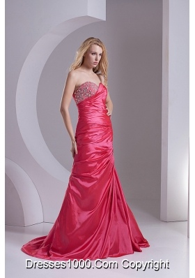 Column Sweetheart Taffeta Beading Ruching Coral Red Prom Dress