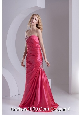 Column Sweetheart Taffeta Beading Ruching Coral Red Prom Dress